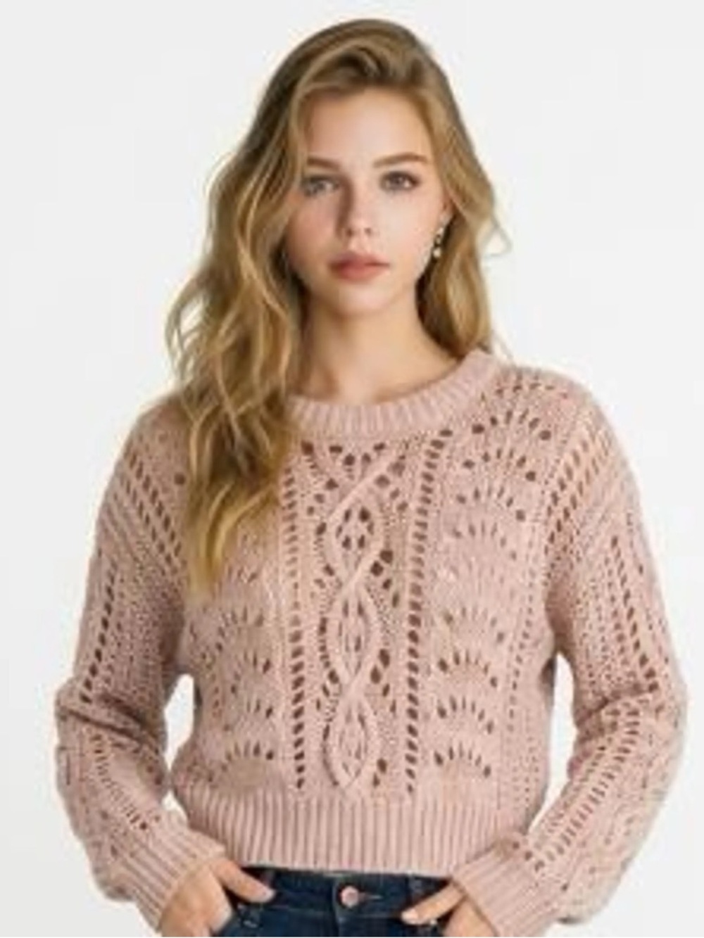 MOON & MADISON Women’s Open-Knit Cropped Pink Mauve Brown Sweater Size Small